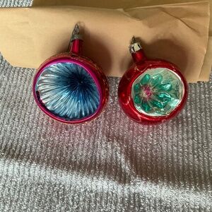 2 red vintage single indent glass ornaments